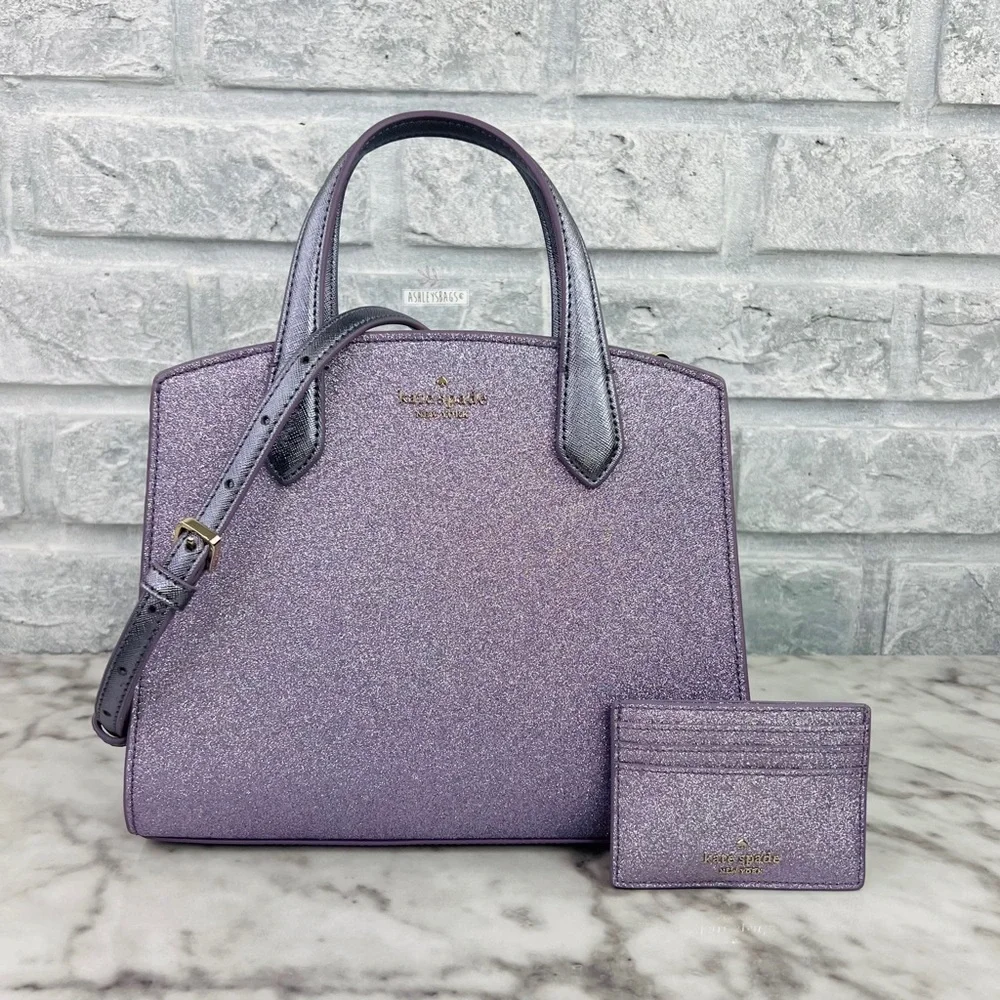 Kate Spade Tinsel Glitter Satchel & Card Holder Wallet In Lilac Frost - Picture 1 of 16
